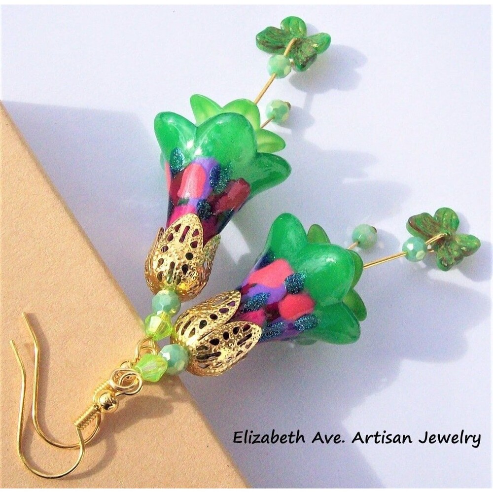 Boho earrings dangle, Green flower earrings, Hand painted, Unique gift for her